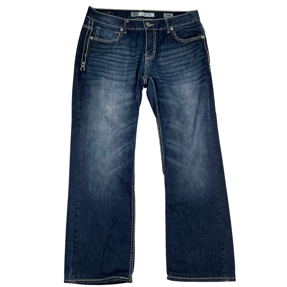 BKE Carter Jeans Mens 33R Dark Blue Straight Leg Distressed Denim